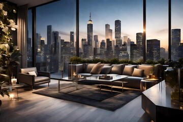A luxury penthouse with a rooftop garden and a glass railing, providing a stunning view of the city skyline.