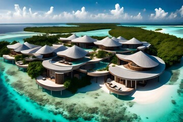 A modern resort complex with sleek architecture, featuring spacious outdoor terraces overlooking the turquoise atolls of the Maldives.