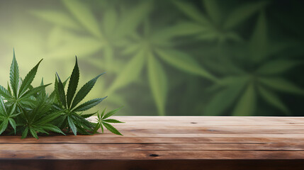Cannabis plant with wooden table - space for hemp oil products - background - obrazy, fototapety, plakaty