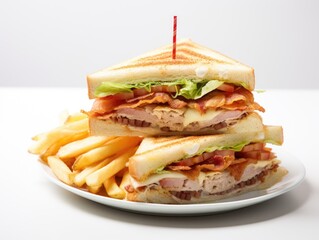 Delicious Classic Club Sandwich with Chicken, Cheese, and Fresh Vegetables on a White Background
