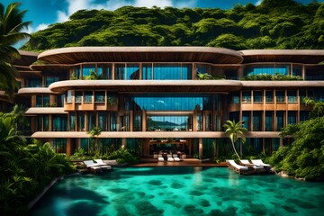 An upscale hotel with modern architecture, surrounded by lush tropical vegetation, blending seamlessly with the azure lagoon in the background.