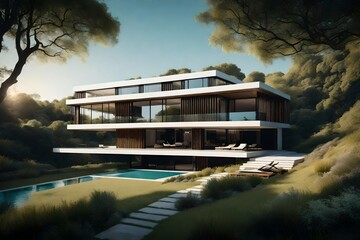 A modern villa with floor-to-ceiling windows, providing an unobstructed view of a picturesque landscape and natural surroundings.