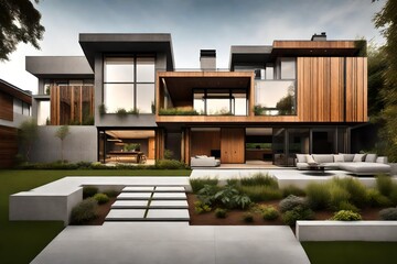 A sleek suburban home with a blend of concrete and wood elements, surrounded by a well-maintained garden.
