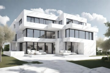 3d rendering of a house with a light facade. House in white marble. Modern architecture