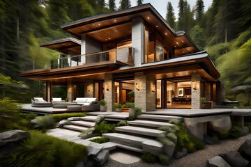 A luxurious house surrounded by lush greenery, featuring a sophisticated blend of stone and wood elements that harmonize with the natural surroundings.