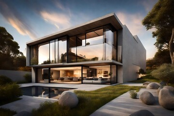 A high-end property with a modern exterior, featuring a blend of concrete and glass, set against a backdrop of the setting sun.