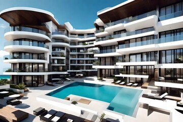 A chic apartment complex with contemporary design, featuring private balconies overlooking the pristine white-sand beaches and crystal-clear ocean.