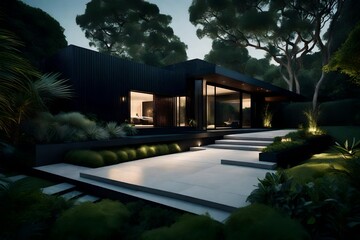 A minimalist home with clean lines and a striking entrance, complemented by carefully landscaped greenery and modern lighting.