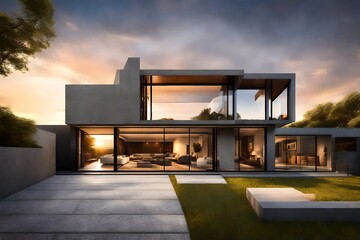 A high-end property with a modern exterior, featuring a blend of concrete and glass, set against a backdrop of the setting sun.