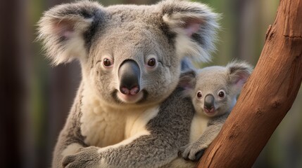 Obraz premium The mother koala and her newborn phascoarctos cinereus.