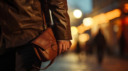 Hombre con chaqueta de cuero sosteniendo un bolso elegante en una calle iluminada por la noche - obrazy, fototapety, plakaty