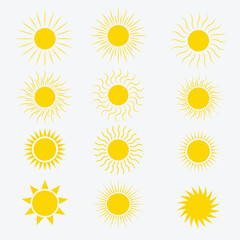 Sun icon set. Yellow sun star icons collection. Summer, sunlight, nature, sky. set of 12 Yellow sun icon Vector illustration isolated on white background.