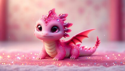 Cute pink little dragon. Cartoon character dragon. Fantasy Funny baby monster with big eyes. Fairy-tale hero. Children book. Illustration of tales. Toy design. Print. Shine. Copy space. Isolated. Ai - obrazy, fototapety, plakaty