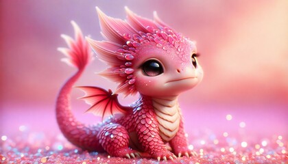 Cute pink little dragon. Cartoon character dragon. Fantasy Funny baby monster with big eyes. Fairy-tale hero. Children book. Illustration of tales. Toy design. Print. Shine. Copy space. Isolated. Ai