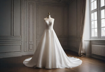 luxury wedding dress on minimal background - obrazy, fototapety, plakaty