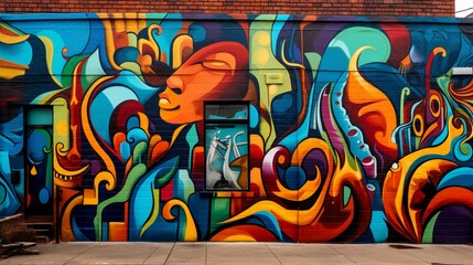 Jazz-inspired street art adorning a brick wall in a lively neighborhood