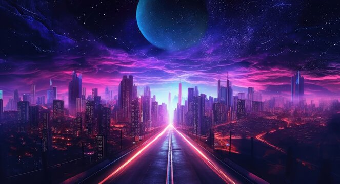 Purple retrowave city synthwave cityscape.