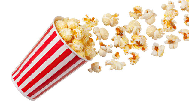  Popcorn flying out of red-white striped paper cup