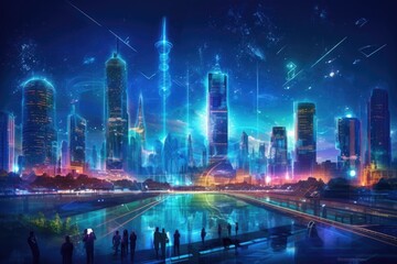 Fototapeta na wymiar 5g technology metaverse city. Futuristic network system