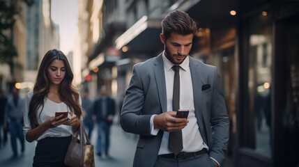 Young male and female business people in formal wear walking on street looking at their smartphones ignoring each other addicted to social networks.Antisocial millennials, technology and communication - obrazy, fototapety, plakaty