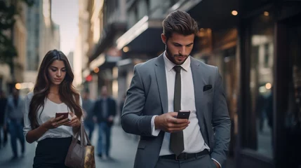 Tuinposter Young male and female business people in formal wear walking on street looking at their smartphones ignoring each other addicted to social networks.Antisocial millennials, technology and communication © Emil