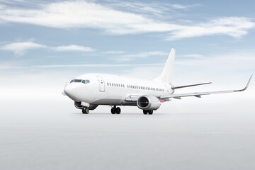 White passenger airplane isolated on bright background with sky
