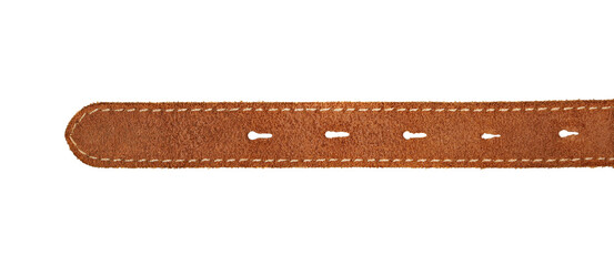Brown leather belt, strap isolated on white background, top view