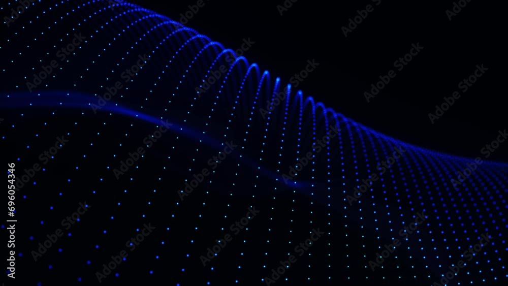 Poster wave of particles. futuristic dots pattern on dark background. big data digital code. technology or 