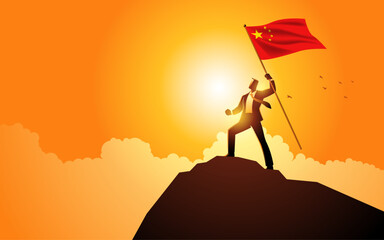 Visionary businessman standing triumphantly atop a mountain peak, proudly holding the flag of the People's Republic of China. Symbolizes success, leadership, and the entrepreneurial spirit