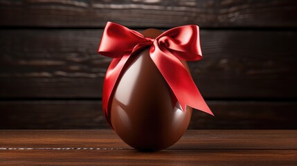 Delight in the allure of a chocolate Easter egg gift adorned with a vibrant red bow, set against a rich dark wooden background