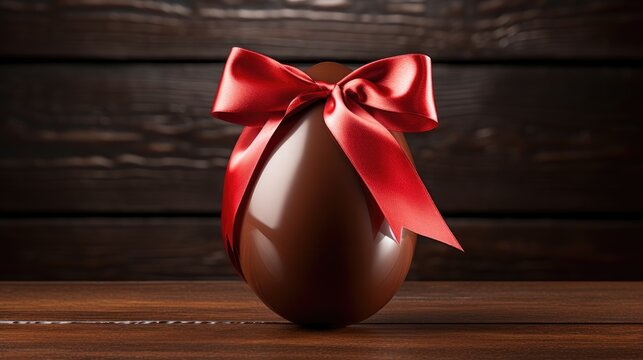Delight in the allure of a chocolate Easter egg gift adorned with a vibrant red bow, set against a rich dark wooden background