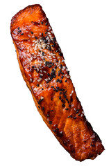 Delicious grilled red salmon fish with sauce, sesame seeds, spices and herbs