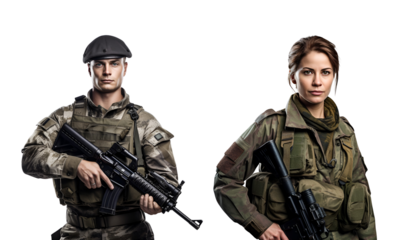 Set of special forces fighter illustrations, Man and Woman Soldier in military uniform with gun, Isolated on Transparent Background, PNG