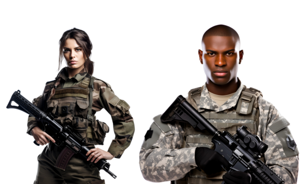 Set of special forces fighter representations, Man and Woman Soldier in military uniform with gun, Isolated on Transparent Background, PNG