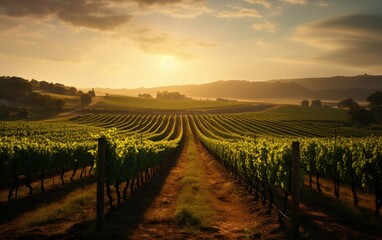 A Vineyard at Sunset with Rows of Grapevines.