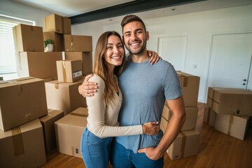 Radiant young couple as first time home buyers holding keys, symbolizing new beginnings and independence in their cozy new residence