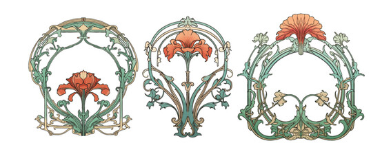Selection of three art nouveau style floral design elements, decor, iris and orchids © SlothGraphics