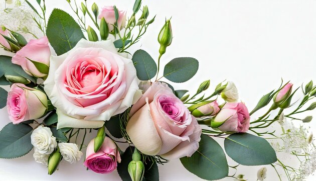 pink rose and eustoma flowers in a corner floral arrangement on white or background