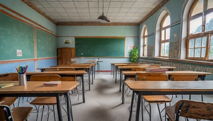 empty classroom back to school concept in high school classroom interior vintage wooden lecture wooden chairs and desks studying lessons in secondary education generative ai