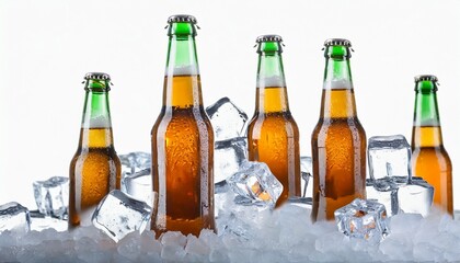 glass bottles of beer in ice cubes on white