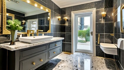 a compact upscale bathroom featuring a black granite countertop white vanity cabinet gold accented shower and sliding glass door - obrazy, fototapety, plakaty