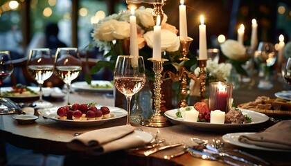 Fototapeta na wymiar elegant and select wedding decoration restaurant table wine glass and appetizers on the bar table soft light and romantic atmosphere dinner service menue guests candle