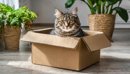 cute grey tabby cat in cardboard box on floor at home - Powered by Adobe