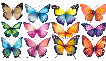 butterflies collection colorful on white
