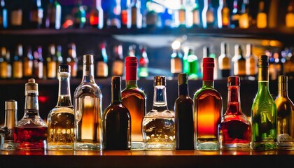 various alcohol bottles in a bar back light logos removed - obrazy, fototapety, plakaty