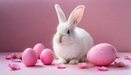 Naklejka na ściany i meble easter bunny rabbit with pink painted egg on pink background easter holiday concept
