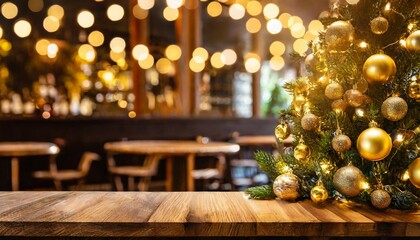Fototapeta na wymiar mesa de madera arbol de navidad y decoraciones navidenas con fondo de bar o restaurante desenfocado con bokeh dorado
