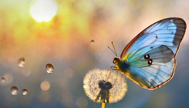 Fototapeta natural pastel background morpho butterfly and dandelion seeds of a dandelion flower in drops of water on a background of sunrise copy spaces