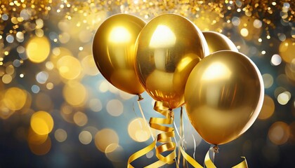 gold balloons with ribbons on bokeh background