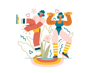 Valentine: Fitness Duo - modern flat vector concept illustration of a couple engaging in a fun aerobics workout together. Metaphor for the strength and vitality of their partnership
